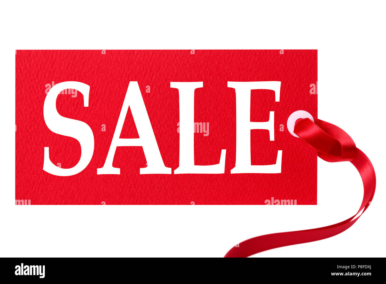 Sale price tag with red ribbon isolated on white Stock Photo Alamy