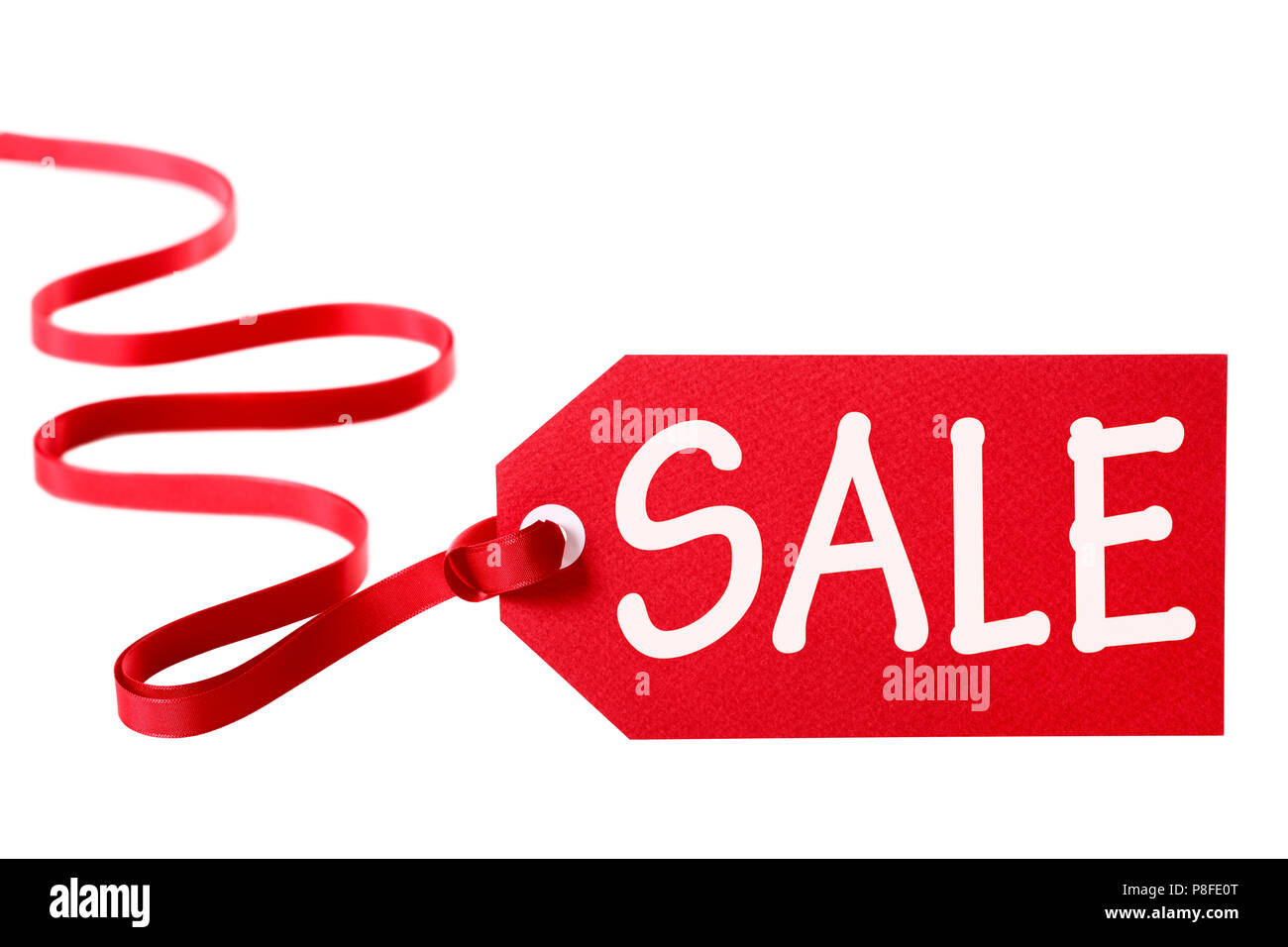 Sale price tag with red ribbon isolated on white Stock Photo Alamy