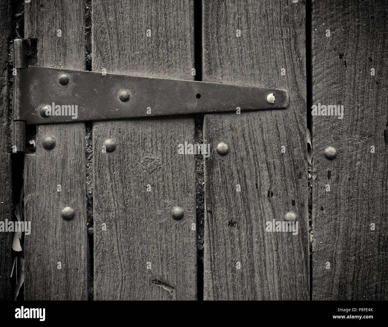 Wooden door leading to an underground cellar. Monochrome image. Stock Photo