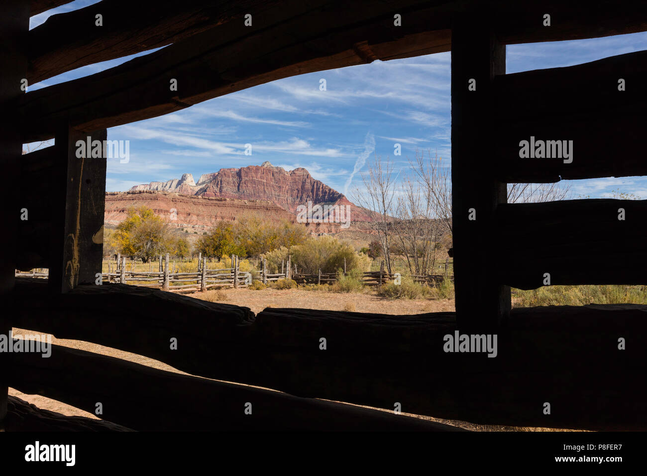 View through historic wooden barn window, Grafton, Utah Stock Photo