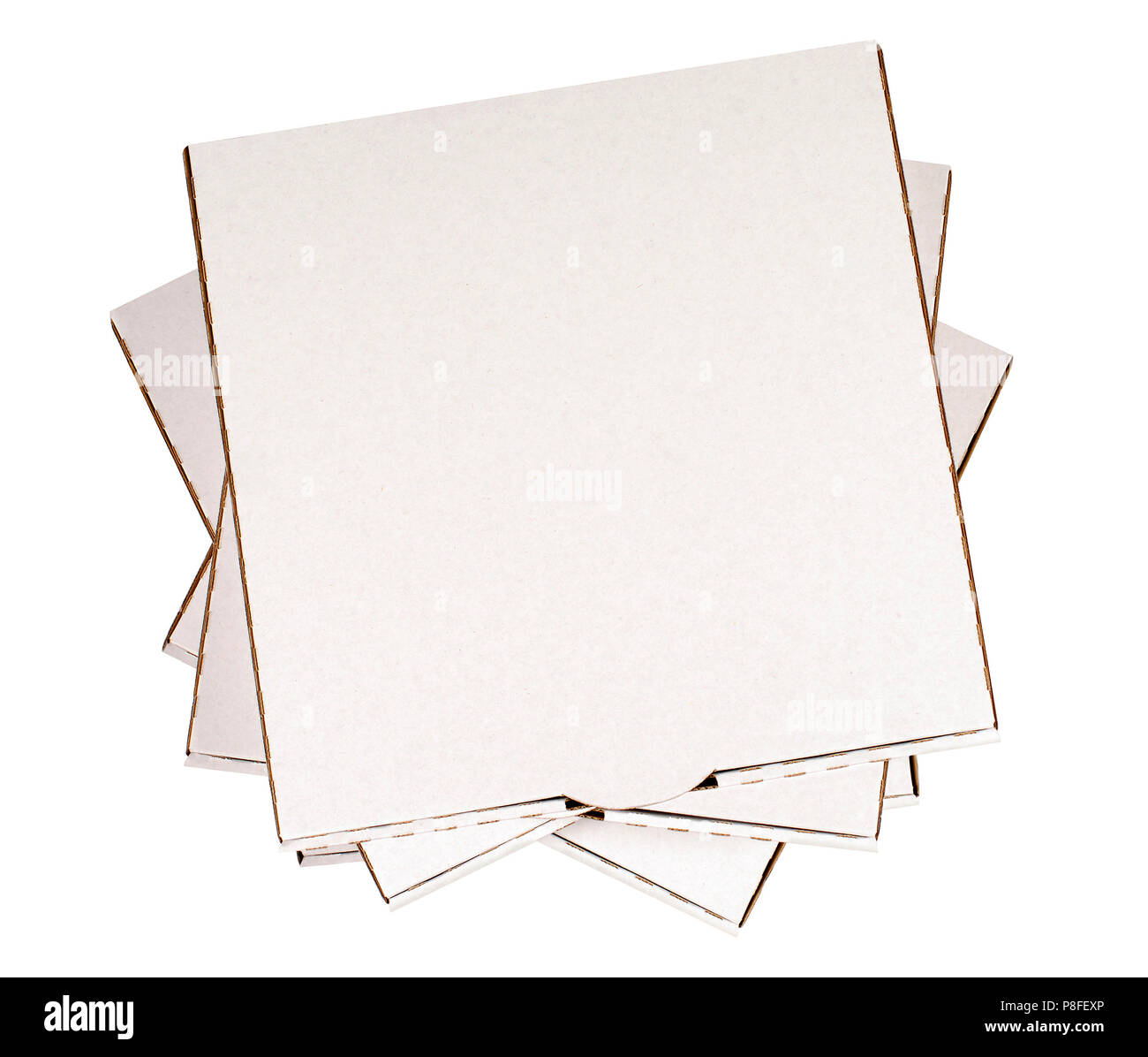 Small stack of blank white pizza boxes isolated on a white background. Stock Photo