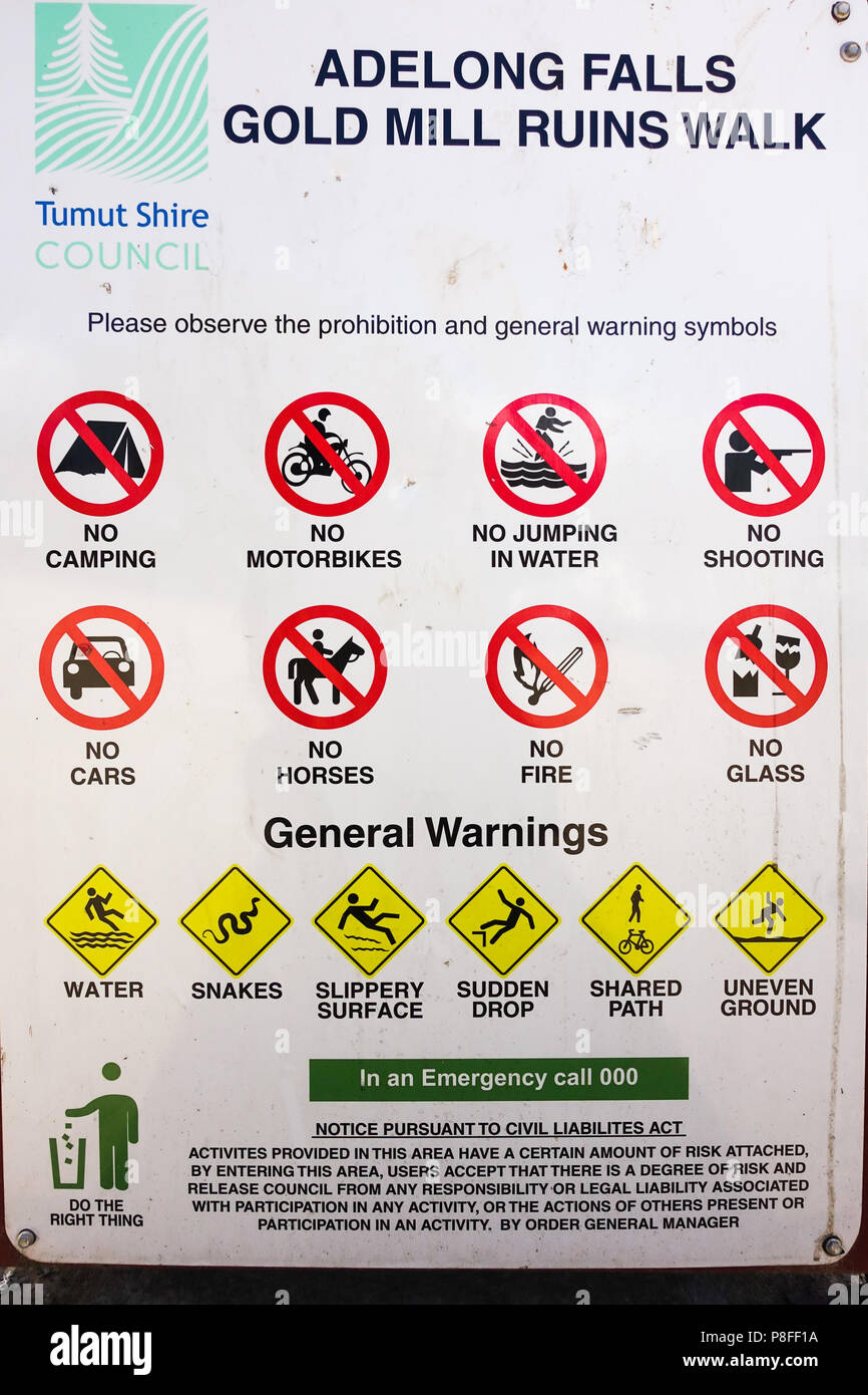 Rules and warnings sign of Adelong Falls Gold Mill Ruins Walk. NSW, Australia. Stock Photo