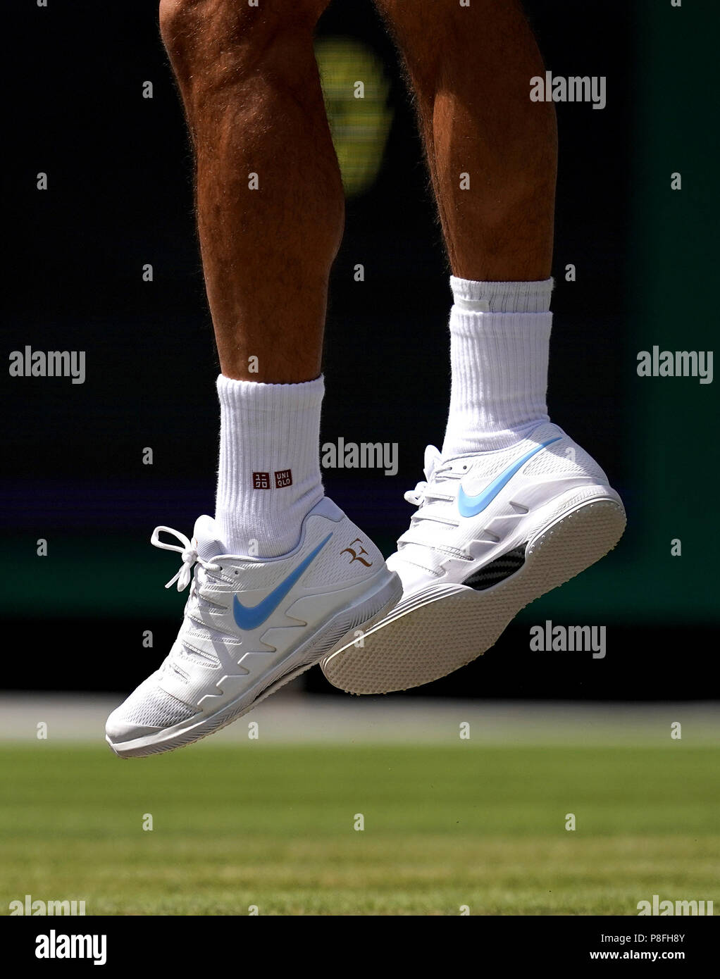 A detailed view of Roger Federer's Nike Trainers on day nine of the  Wimbledon Championships at the All England Lawn Tennis and Croquet Club,  Wimbledon. PRESS ASSOCIATION Photo. Picture date: Wednesday July