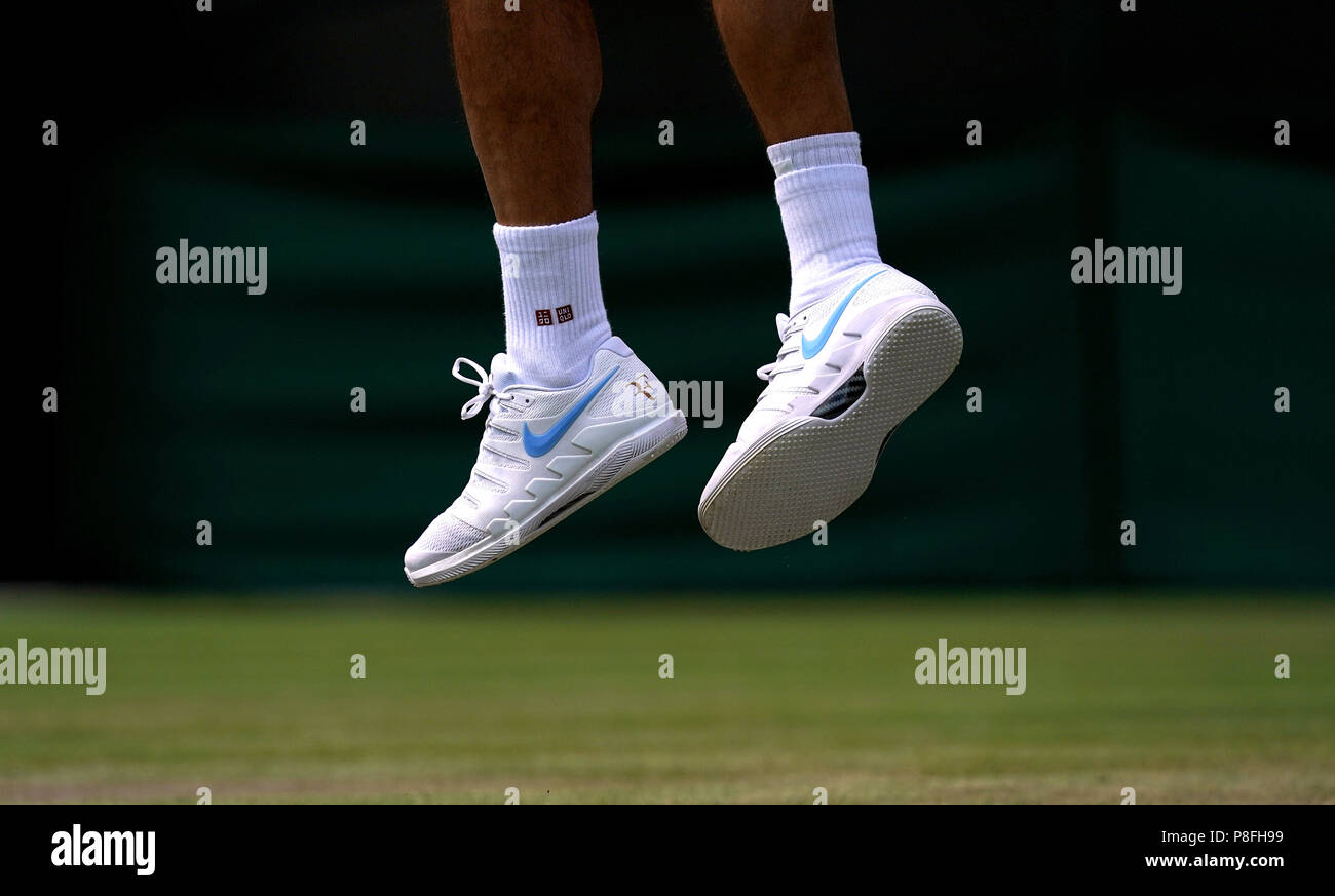 A detailed view of Roger Federer's Nike Trainers on day nine of the  Wimbledon Championships at the All England Lawn Tennis and Croquet Club,  Wimbledon. PRESS ASSOCIATION Photo. Picture date: Wednesday July