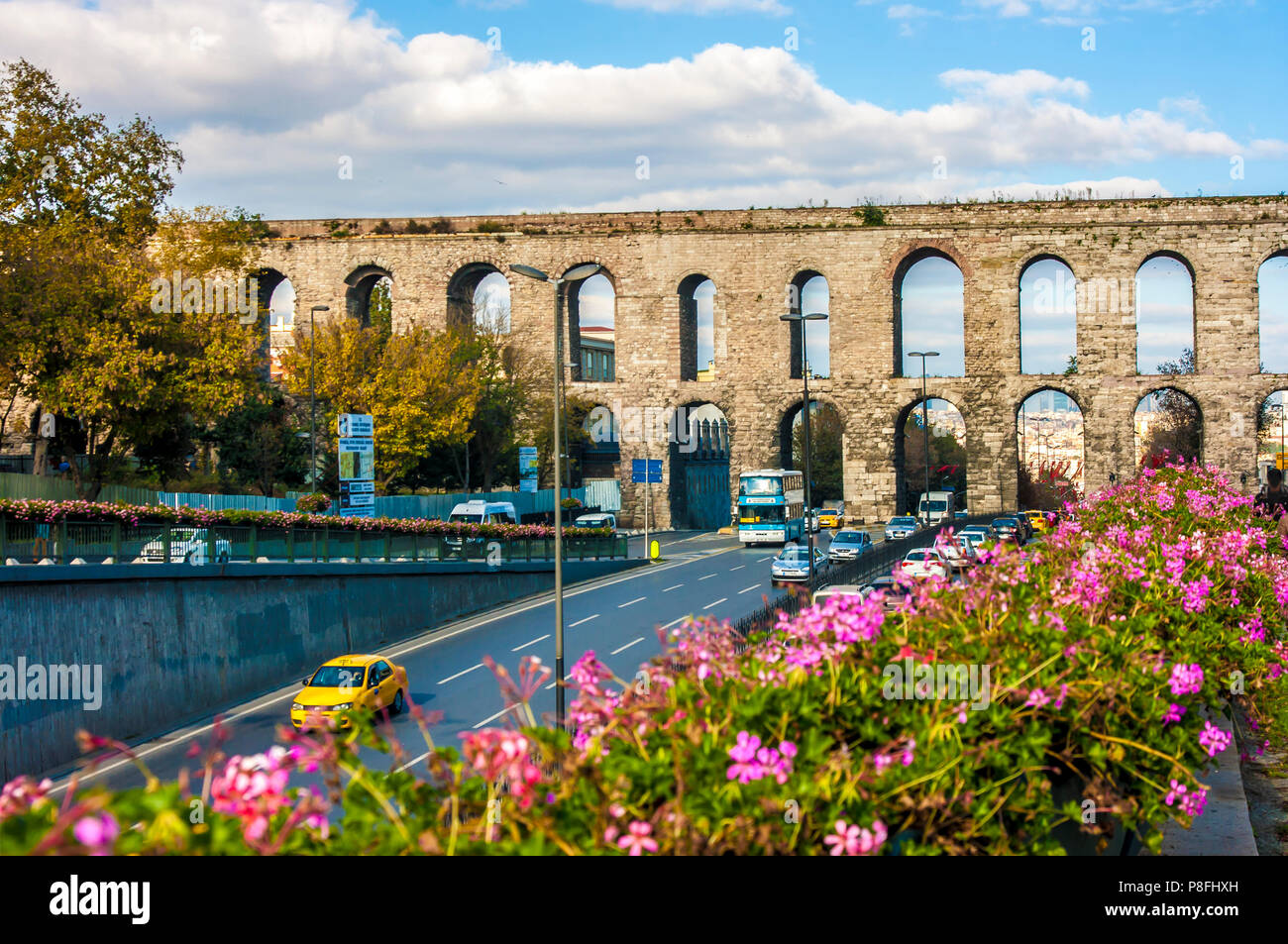 ISTANBUL - NOVEMBER 3: Valens Aqueduct - Bozdogan Kemeri - roman acveduct in Istanbul on November 3, 2014 in Istanbul. Stock Photo