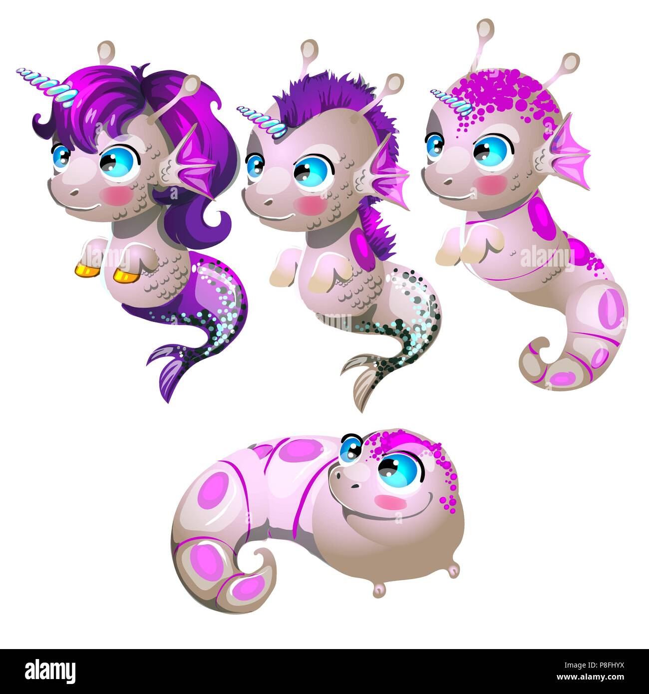 >Set Fantasy Cartoon Seahorse Isolated On A White Background Stages Of Transformation From Larvae In The Sea Unicorn With Golden Hooves Vector Cartoon Close Up Illustration Stock Vector Image Art Alamy