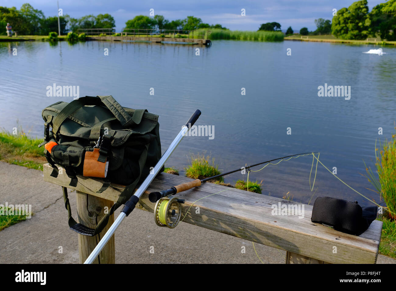 Fly fishing tackle by a fishery, Penmaenmawr, North Wales UK Stock