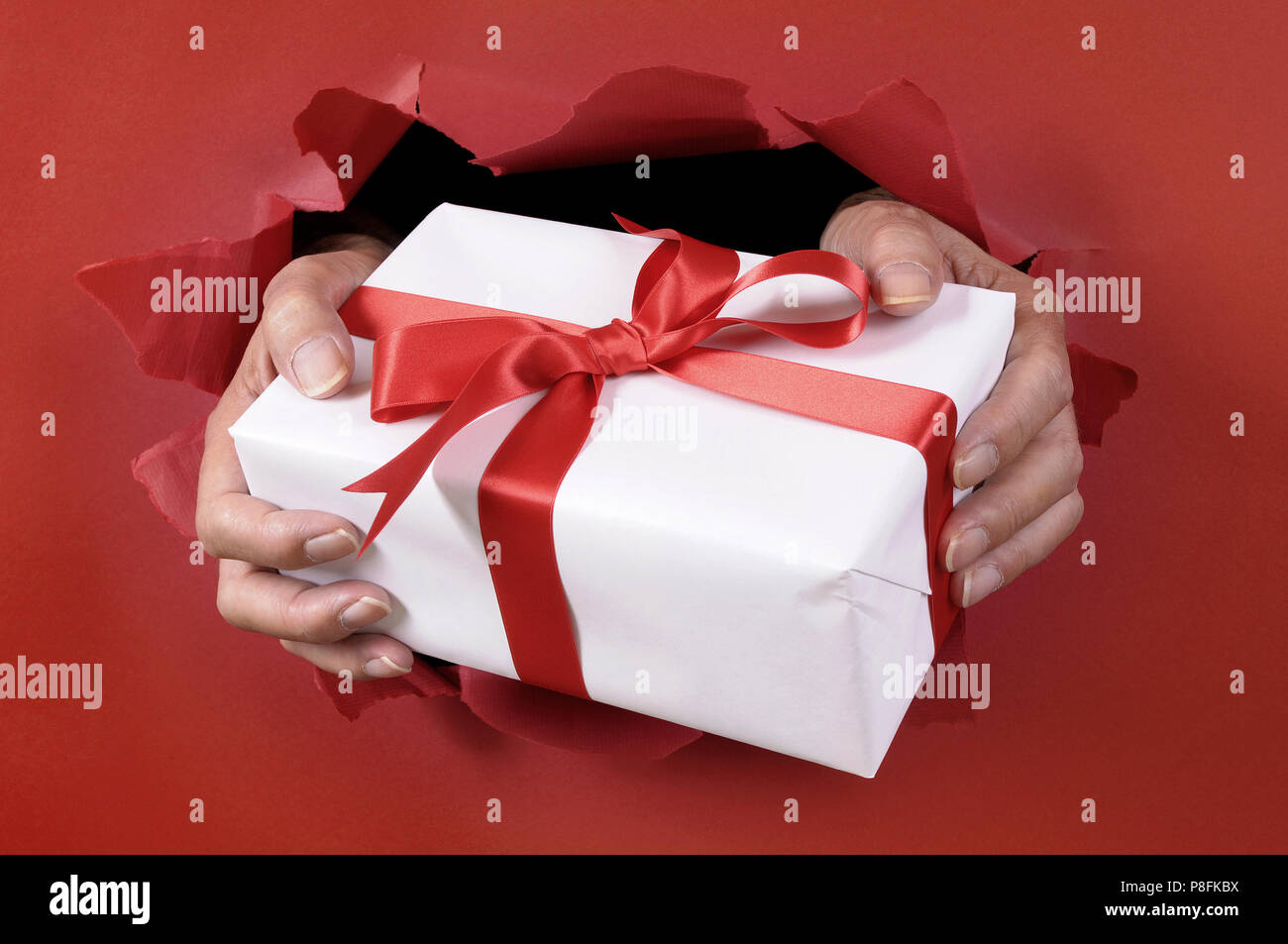 White gift with ribbon being delivered through a red torn paper background. Stock Photo