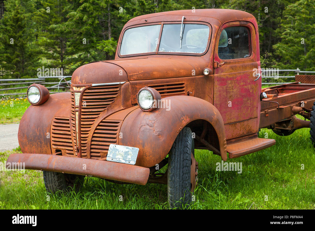 Vintage car at Mamit Lake Rd British Columbia Canada Stock Photo
