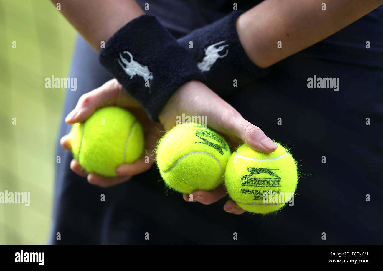 A detailed view of Slazenger tennis balls on day nine of the Wimbledon  Championships at the All England Lawn Tennis and Croquet Club, Wimbledon.  PRESS ASSOCIATION Photo. Picture date: Wednesday July 11,