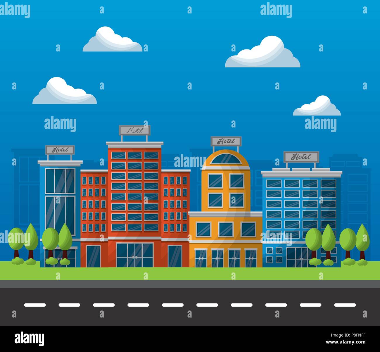 hotel service high colorful buildings clouds sunny day lodging vector illustration Stock Vector