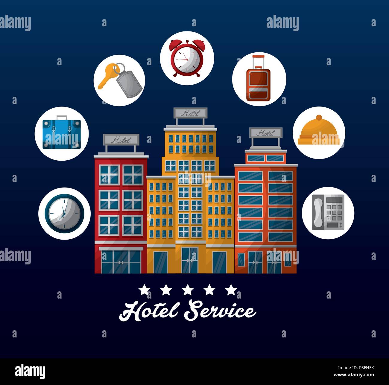 hotel service buildings ring call bag lodging telephone key suit vector illustration Stock Vector