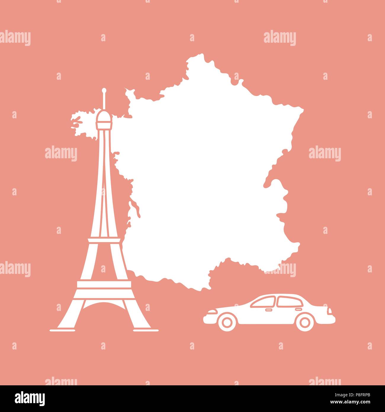 Map of France, famous tower of Paris, car. Travel and leisure Stock