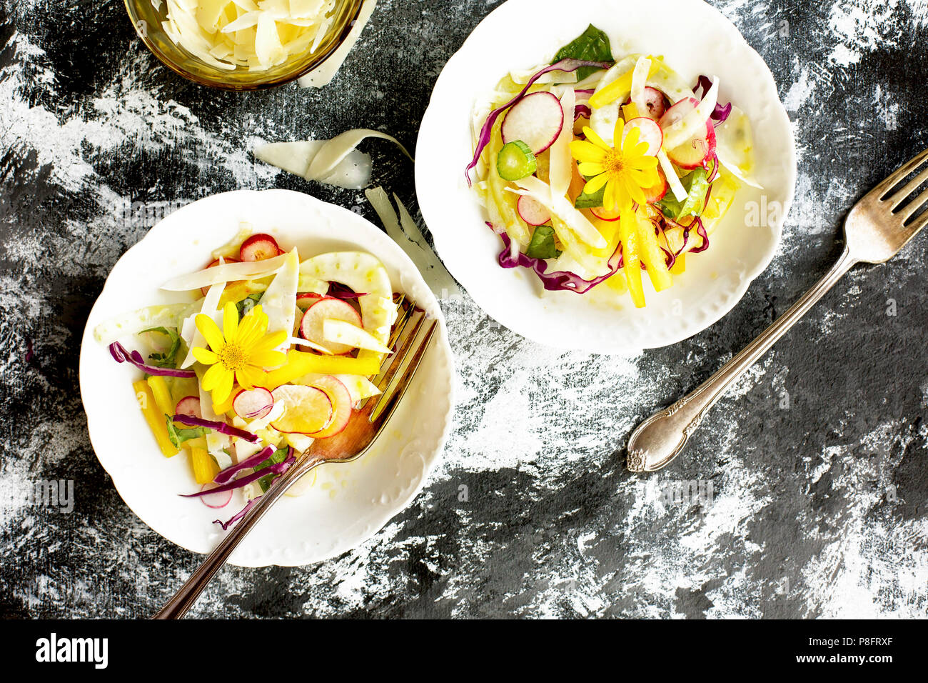 Summer Vegetable Italian Style Salad with Tangerine Vinaigreete. Photographed on a black/white background Stock Photo