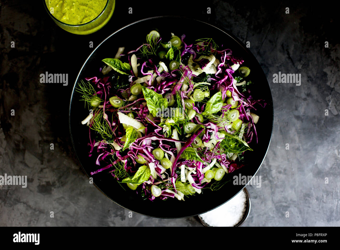 Kale Fennel Salad with Lemon Basil Pesto Vinaigrette photographed on a