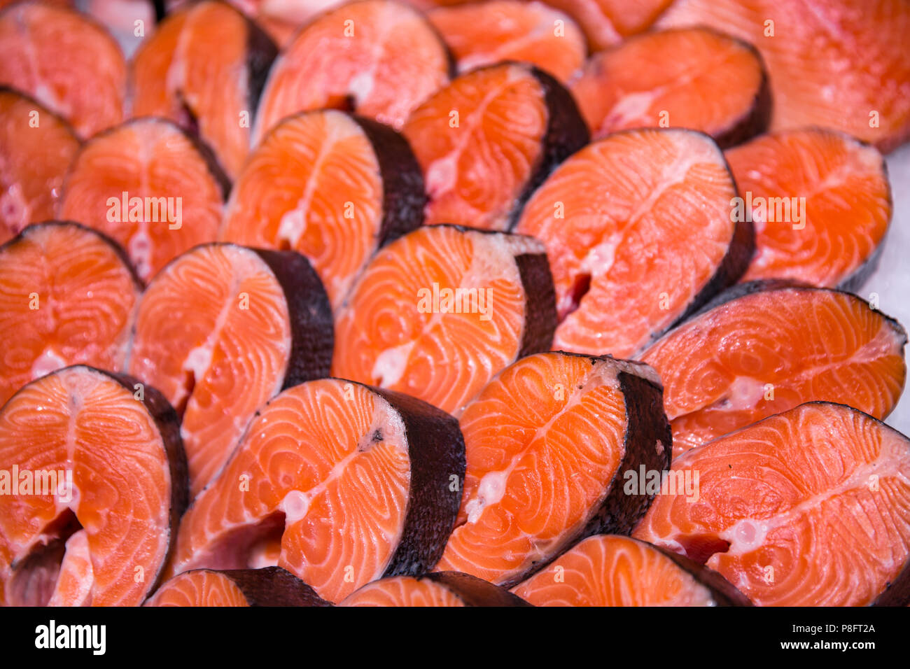 Close up of red fresh steak Salmon Stock Photo