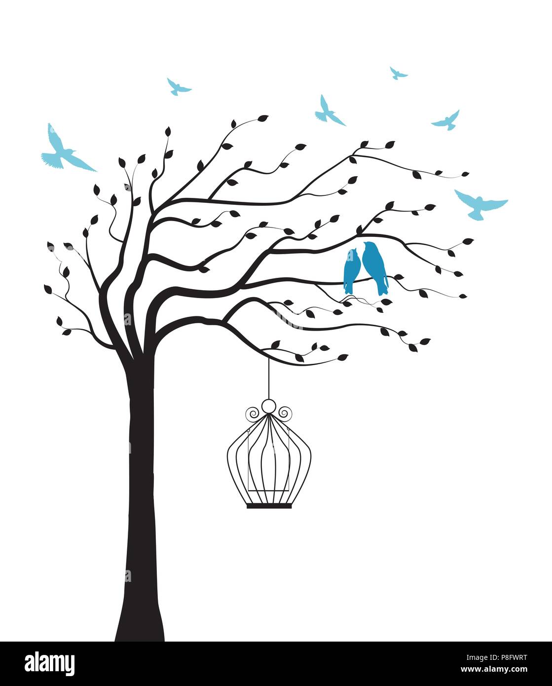 Vector illustration tree with bird and cage Stock Vector