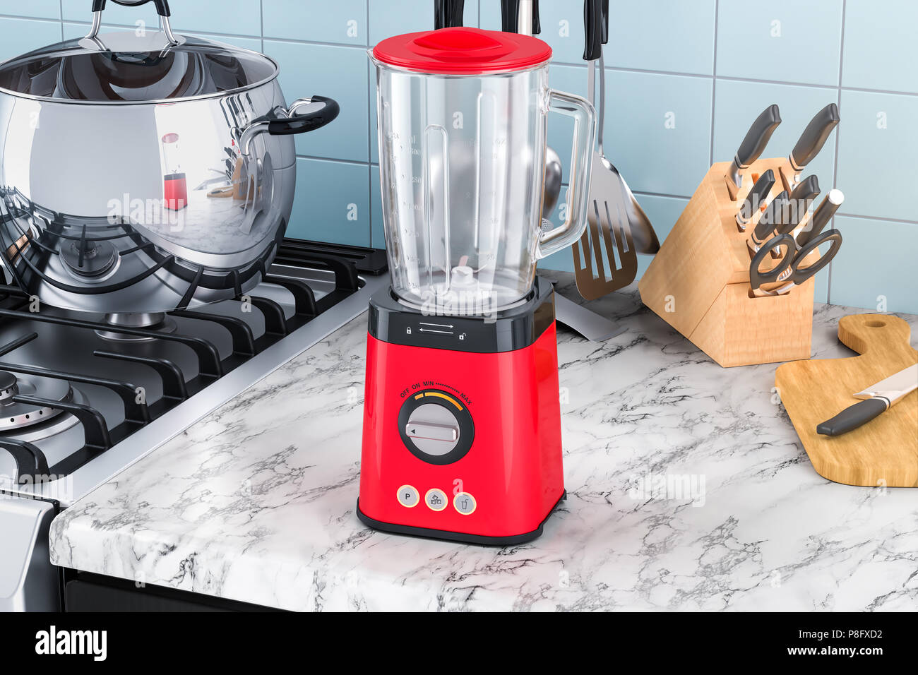 Electric blender on the kitchen table. 3D rendering Stock Photo