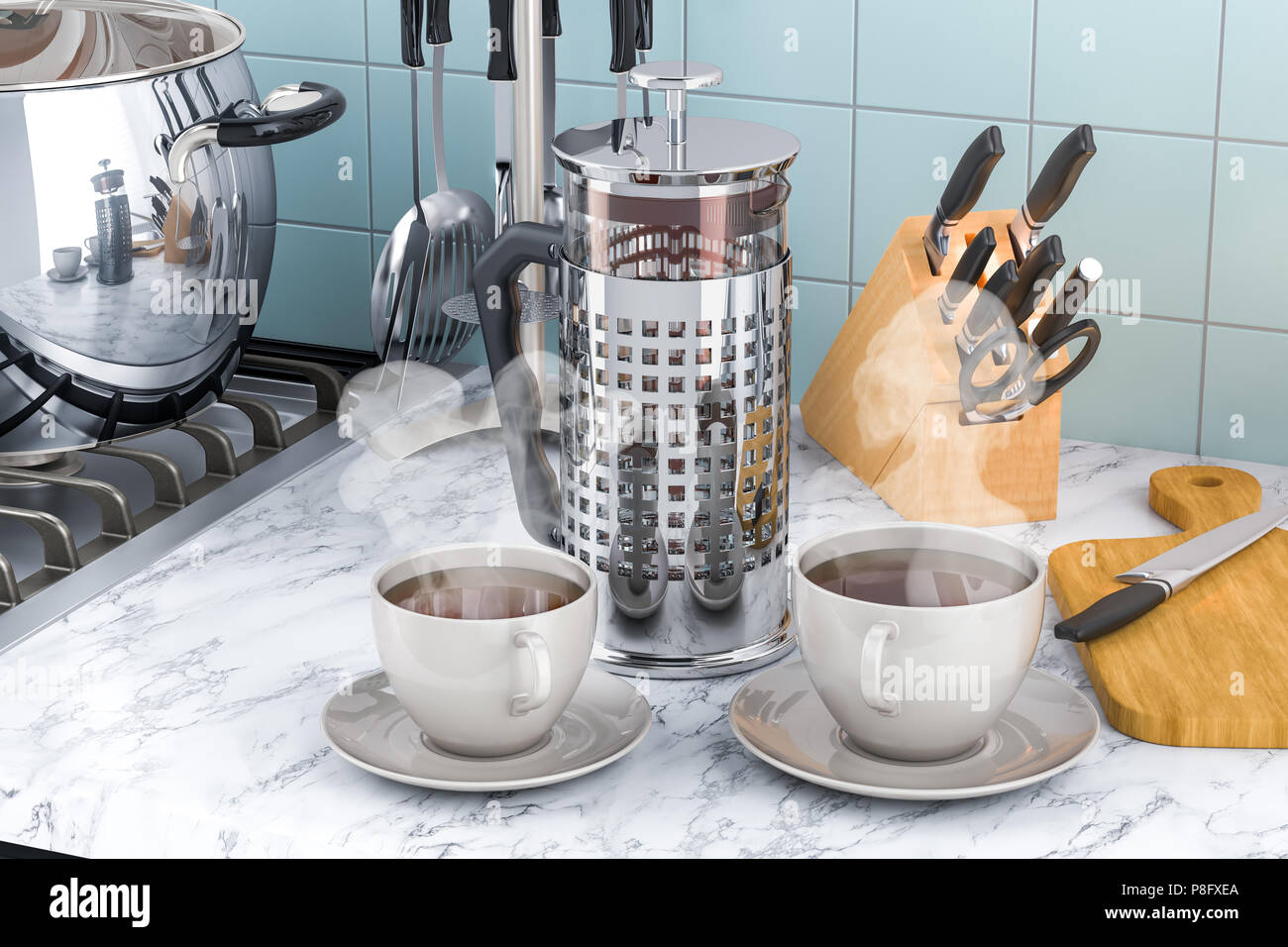 French Press Coffee or Tea Maker with cups of tea or coffee on the kitchen table. 3D rendering Stock Photo