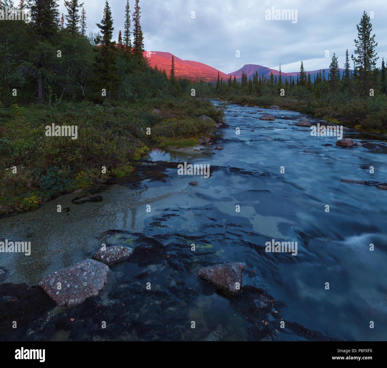 Mountain river landscape in tundra. Stock Photo