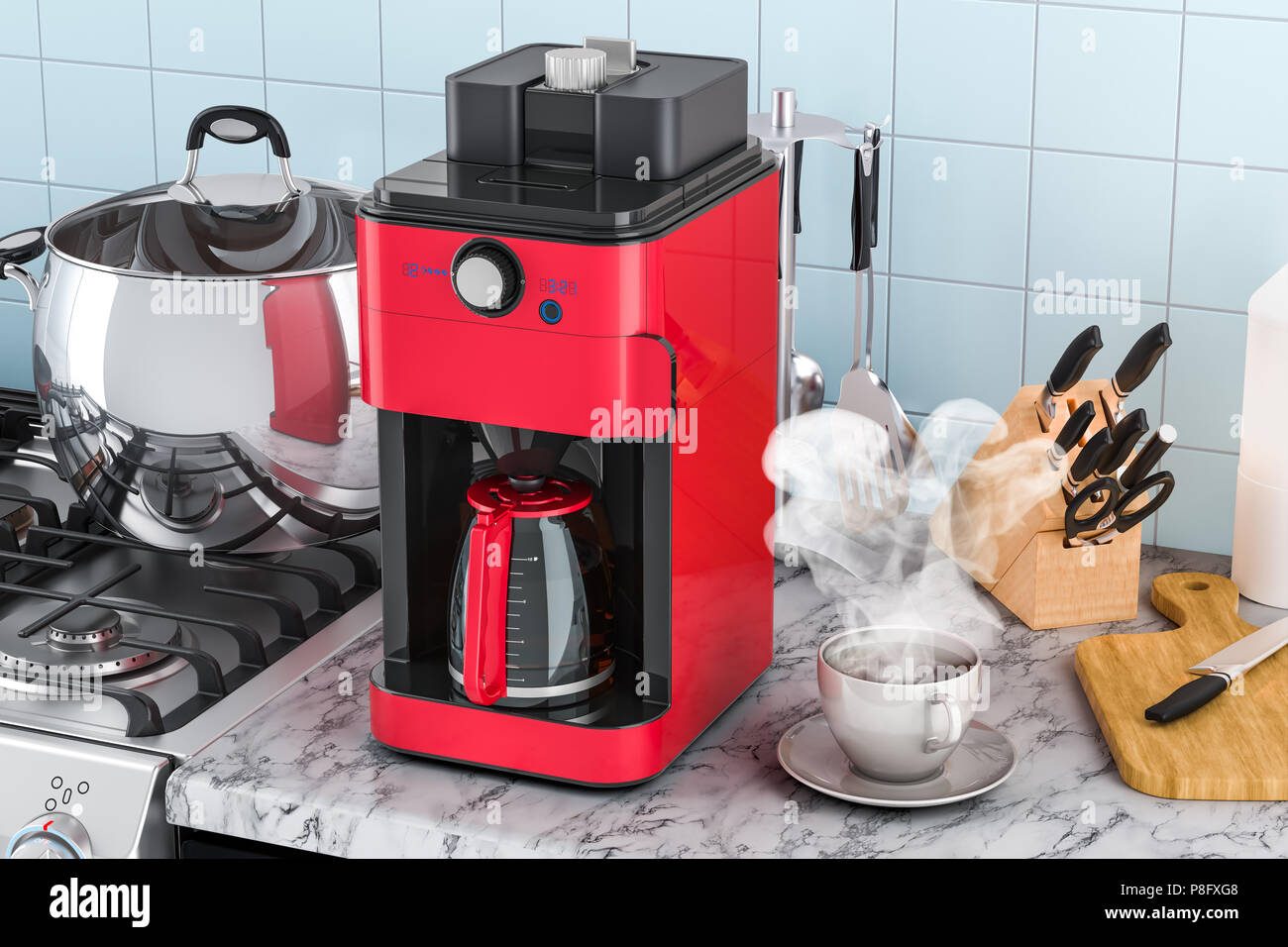Modern coffeemaker or coffee machine on the kitchen table. 3D rendering Stock Photo