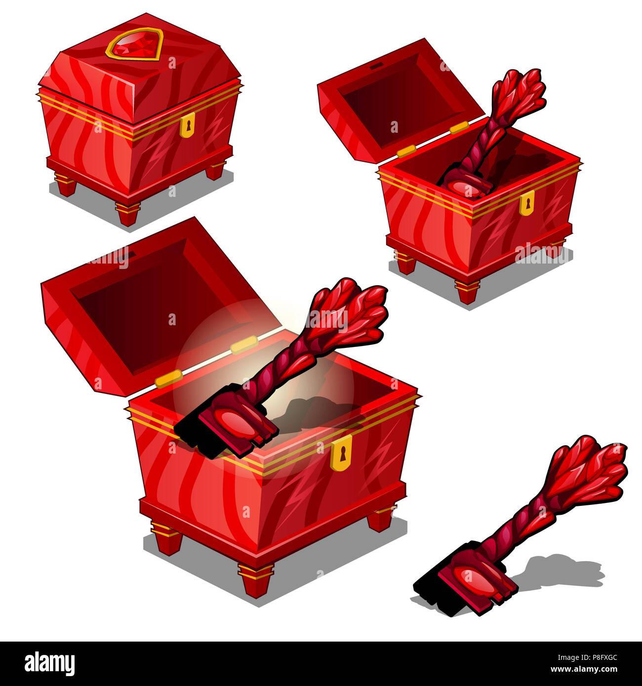 Set of red vintage metal chest with a magic key isolated on white