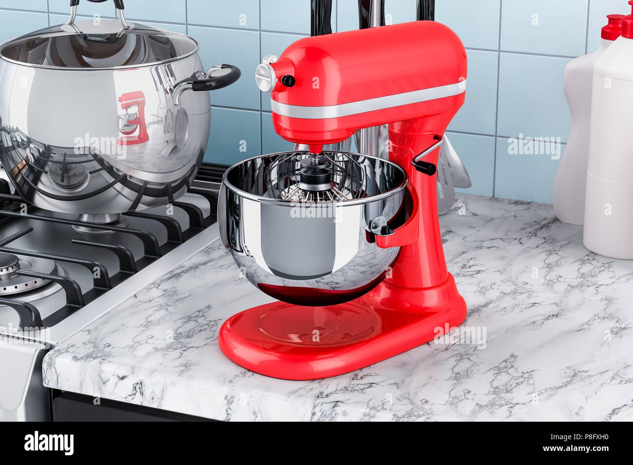 Red stand kitchen mixer on the kitchen table. 3D rendering Stock Photo