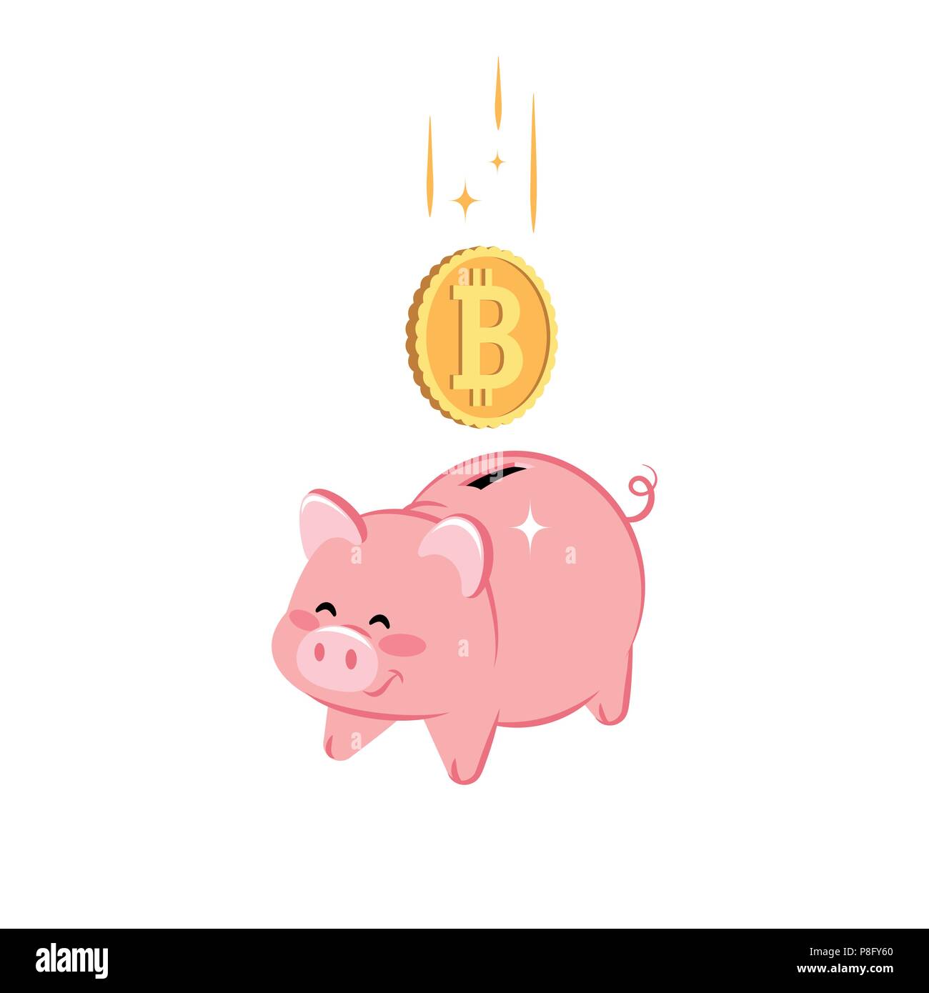 Cute Piggy Bank with falling golden coin of Bitcoin. Concept of saving money, investment, banking. Flat design. Vector illustration. Stock Vector