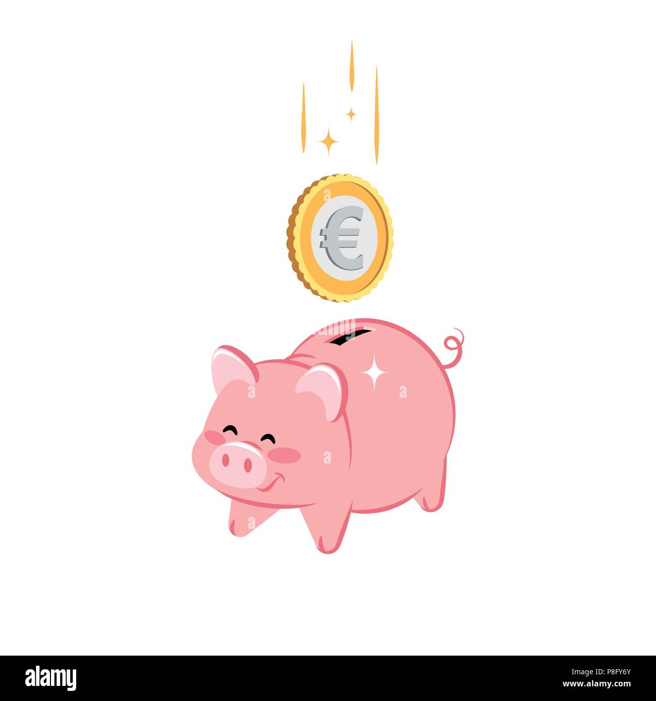 Cute Piggy Bank with falling golden coin of Euro. Concept of saving money, investment, banking. Flat design. Vector illustration. Stock Vector