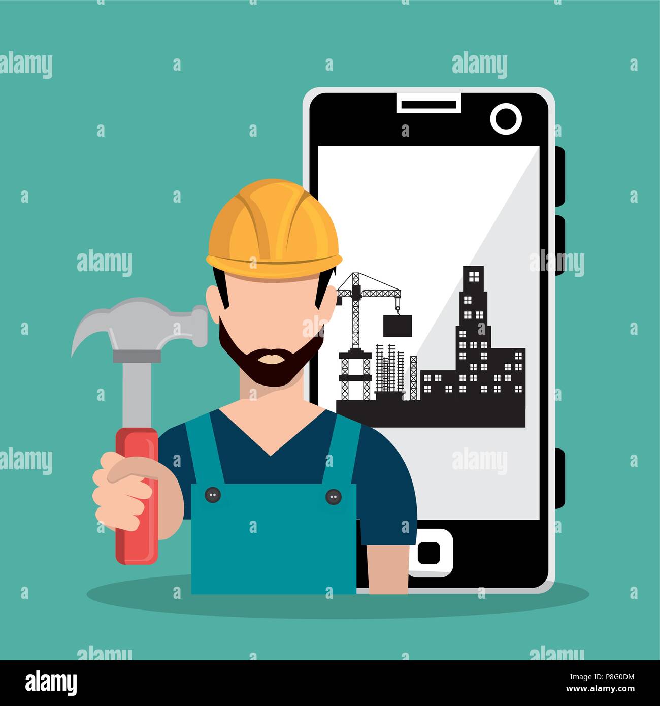 worker under construction with smartphone Stock Vector