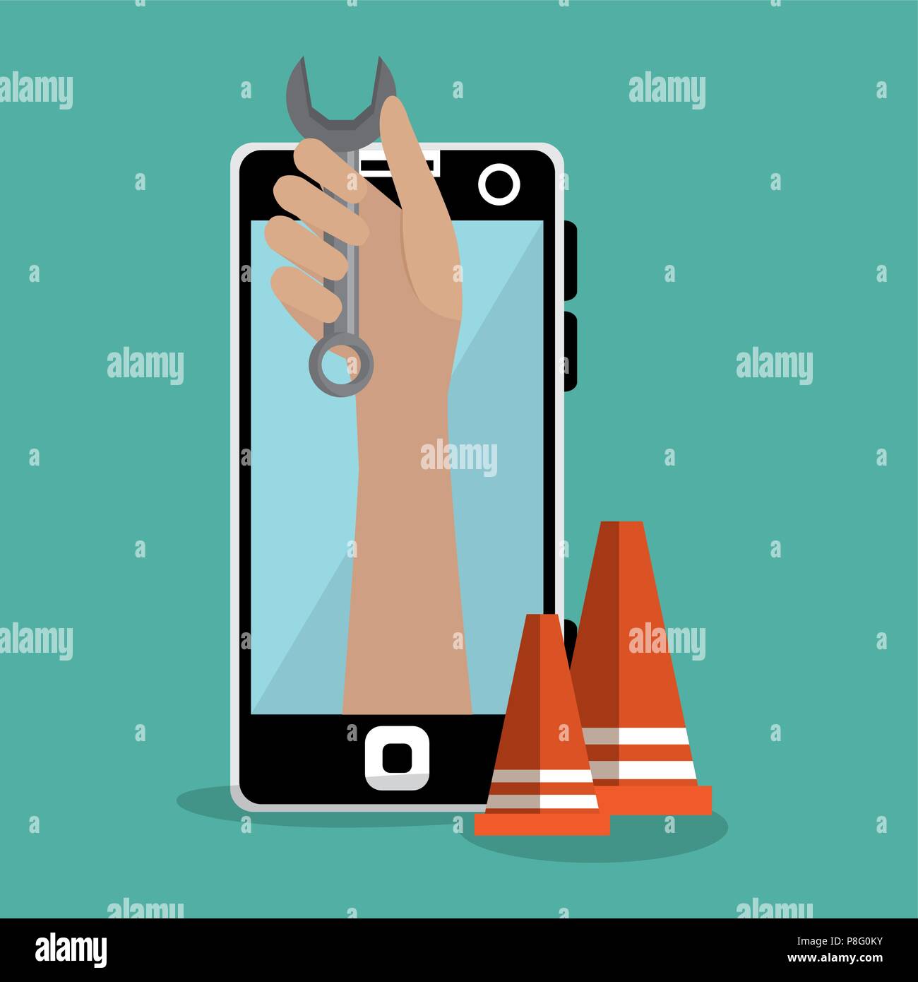 hand worker under construction with smartphone Stock Vector