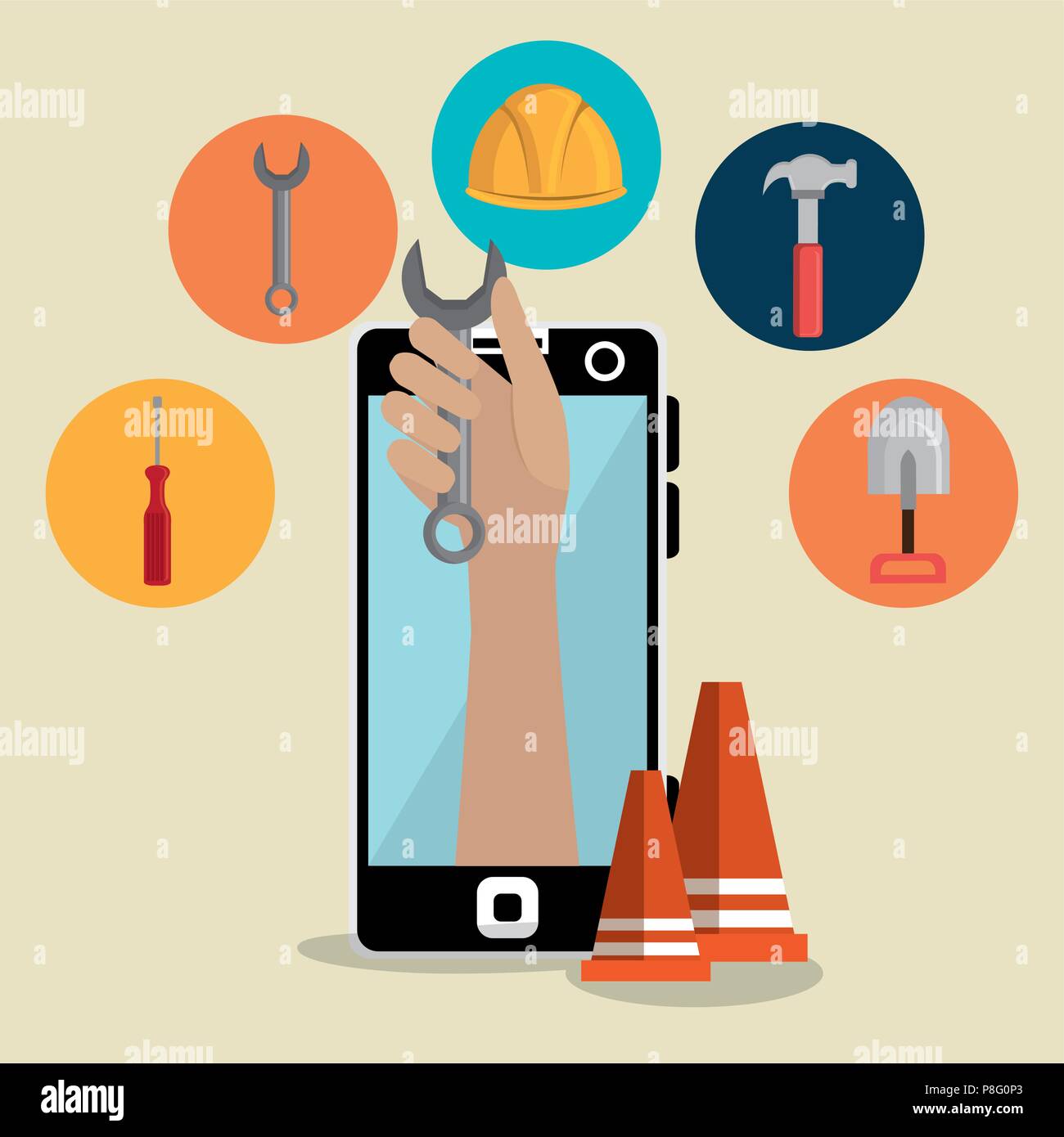 hand worker under construction with smartphone Stock Vector
