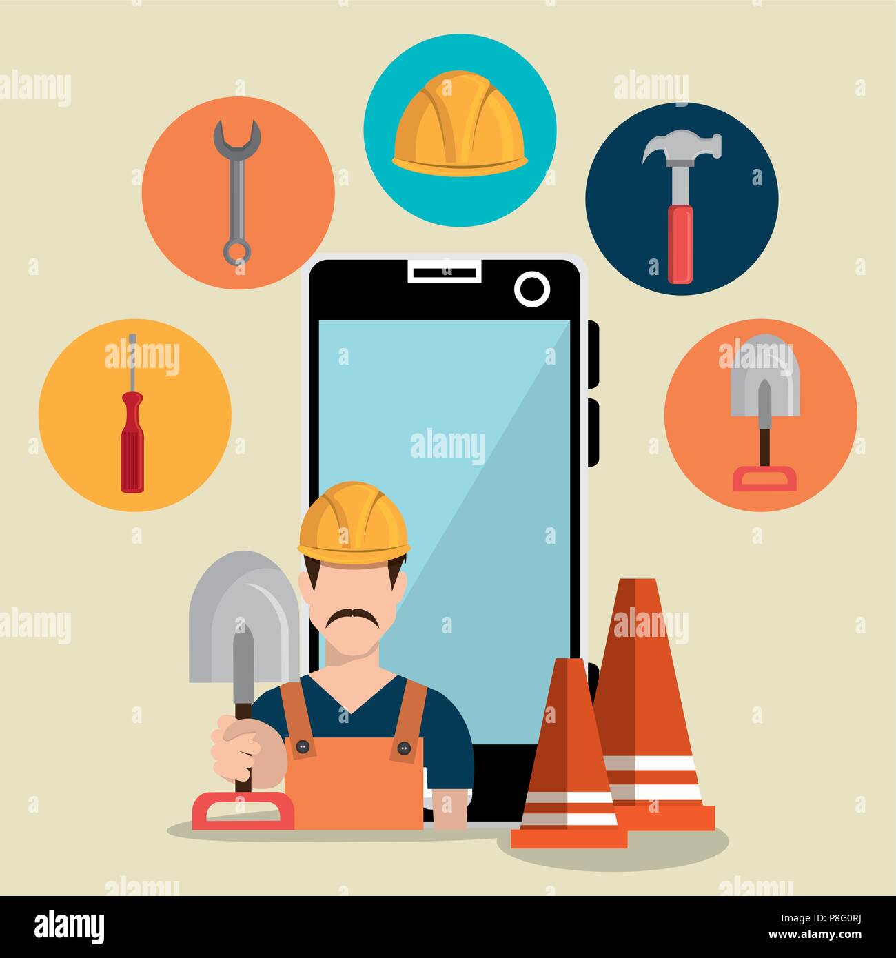 worker under construction with smartphone Stock Vector