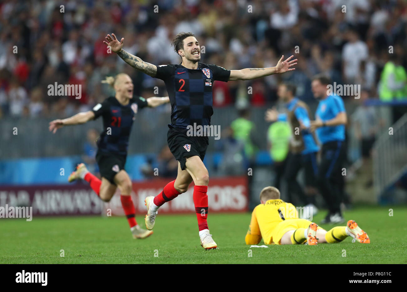 Croatia's Sime Vrsaljko celebrates after the final whistle of the FIFA World Cup, Semi Final match at the Luzhniki Stadium, Moscow. Stock Photo