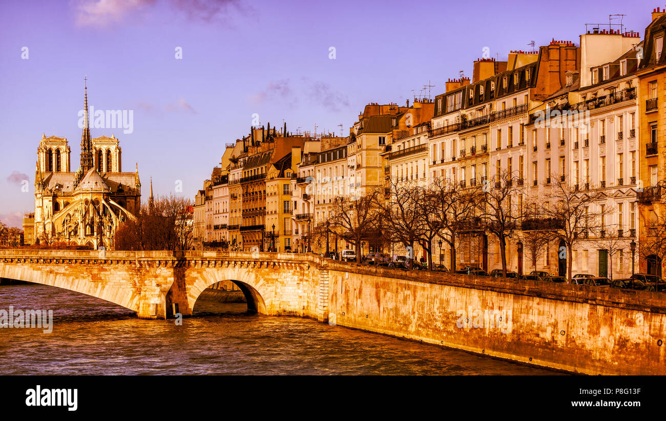 Paris Notre Dame at sunrise is bathed in golden light. Buildings and a bridge over the Seine also showing beautiful warm colors. Pastel violet sky. Stock Photo