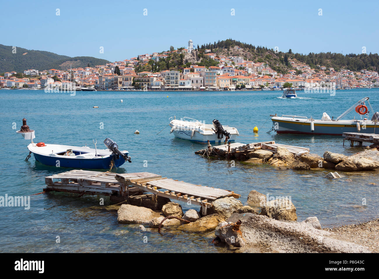 View from Galatas, Argolis, to Poros, Island Poros, Saronic Islands, Peloponnese, Greece Stock Photo