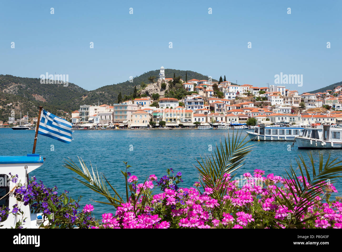 View from Galatas, Argolis, to Poros, Island Poros, Saronic Islands, Peloponnese, Greece Stock Photo