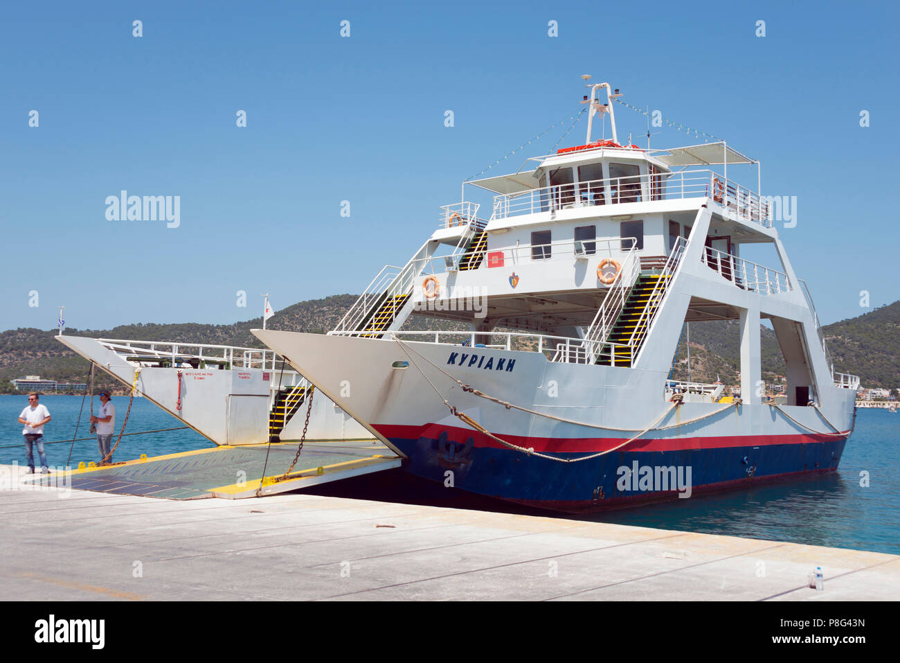 Ferry boat, Galatas, Argolis, to Poros, Island Poros, Saronic Islands, Peloponnese, Greece Stock Photo