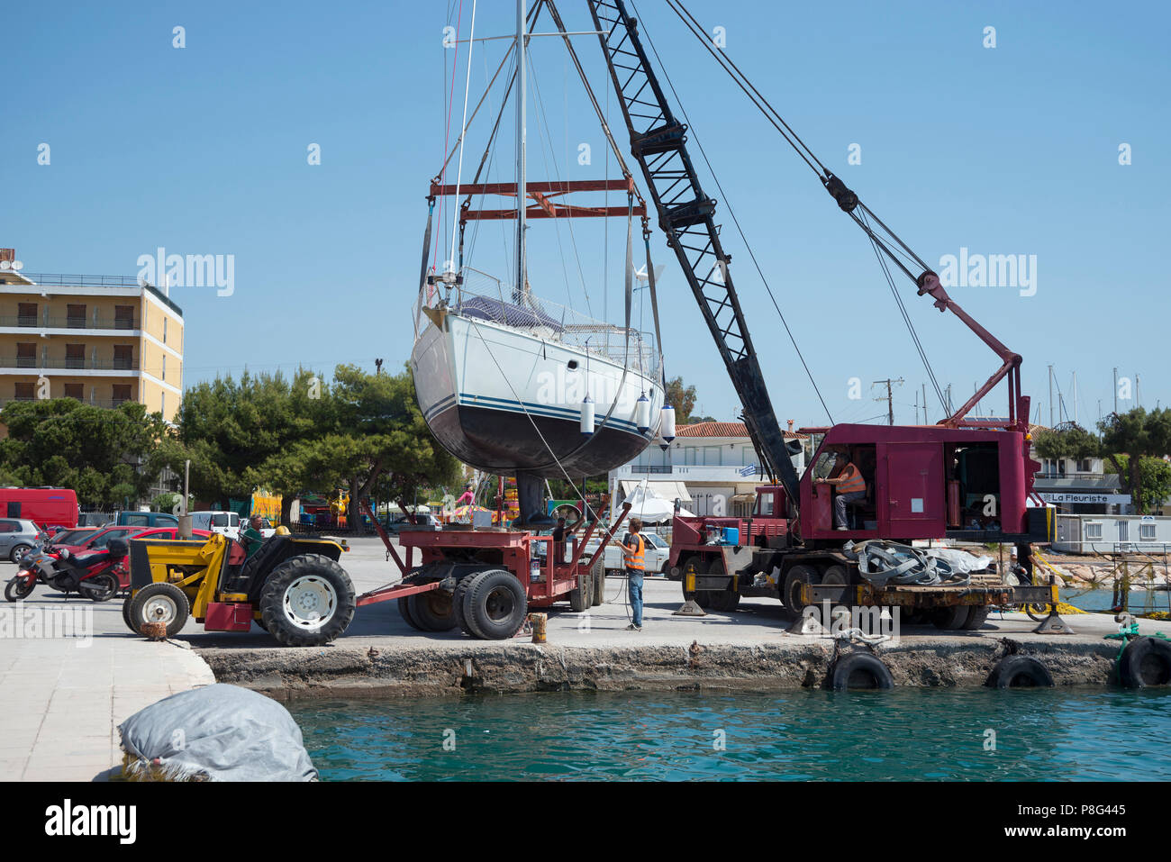 Ship is launched, Portocheli, Argolis, Peloponnese, Greece , Porto Cheli, Porto Heli Stock Photo