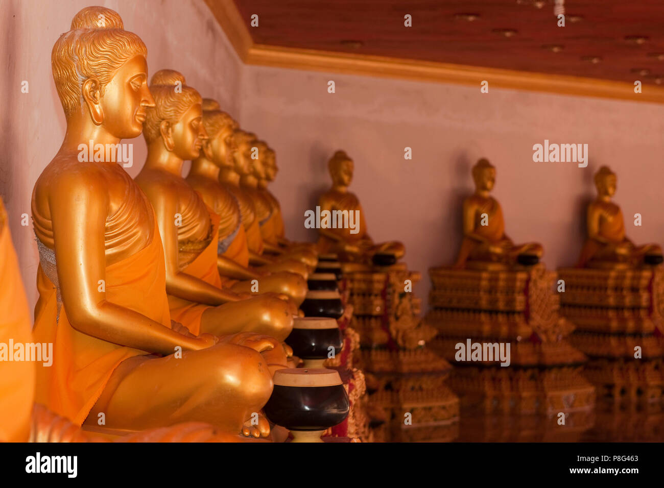 golden buddhas, Wat Bang Riang, buddhistic temple, Thap Put, Amphoe hap Put, Phang Nga province, Thailand, Asia Stock Photo