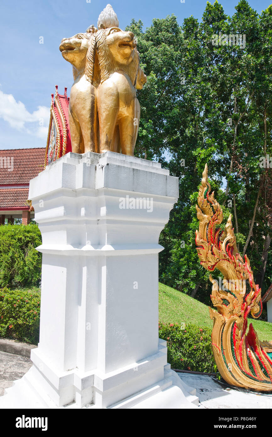 lion statue, Wat Bang Riang, buddhistic temple, Thap Put, Amphoe hap Put, Phang Nga province, Thailand, Asia, Thap Put Stock Photo