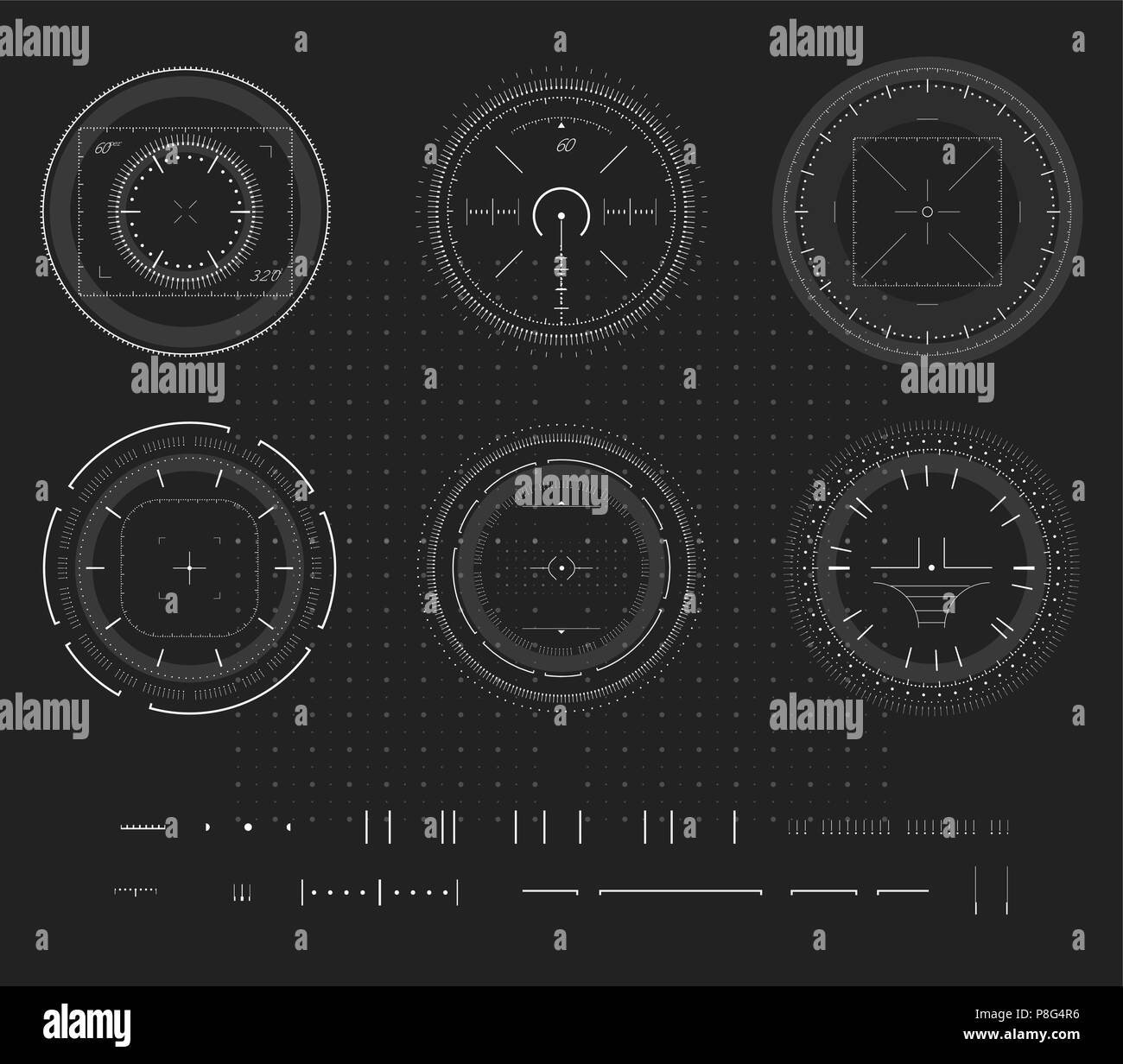 Sniper aim, digital smart device display, HUD infographic, design element. Shooting range, aim, target icon collection. Vector abstract logo template collection, illustration on black background. Stock Vector