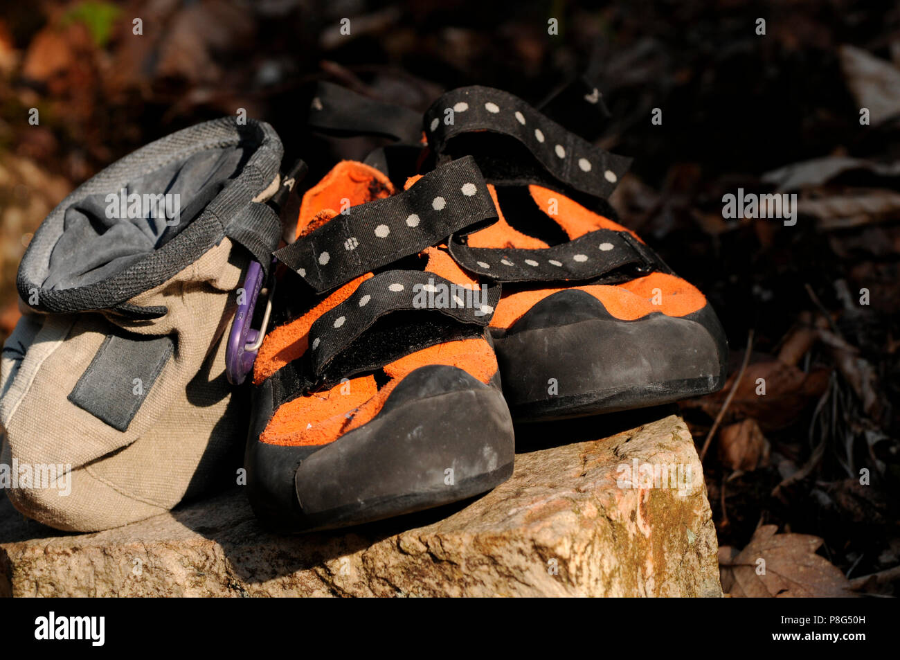 Climbing Equipment, rock climbing, mountaineering, climber's shoes, chalk, chalk bag Stock Photo