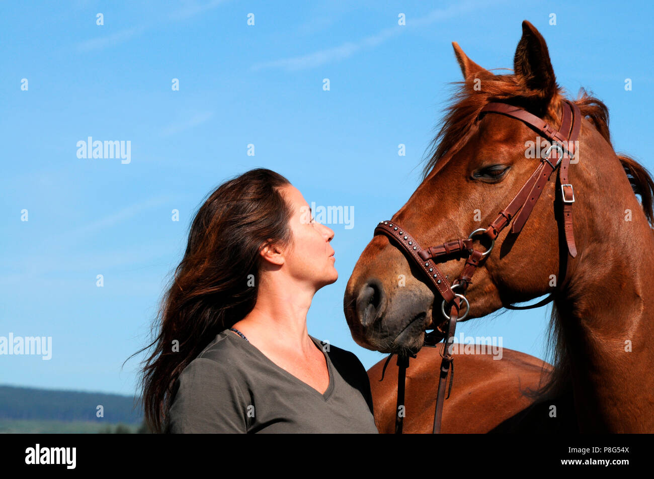 Woman and Quarter Horse, mare, sidepull, bitless bridle, sorrell Stock Photo