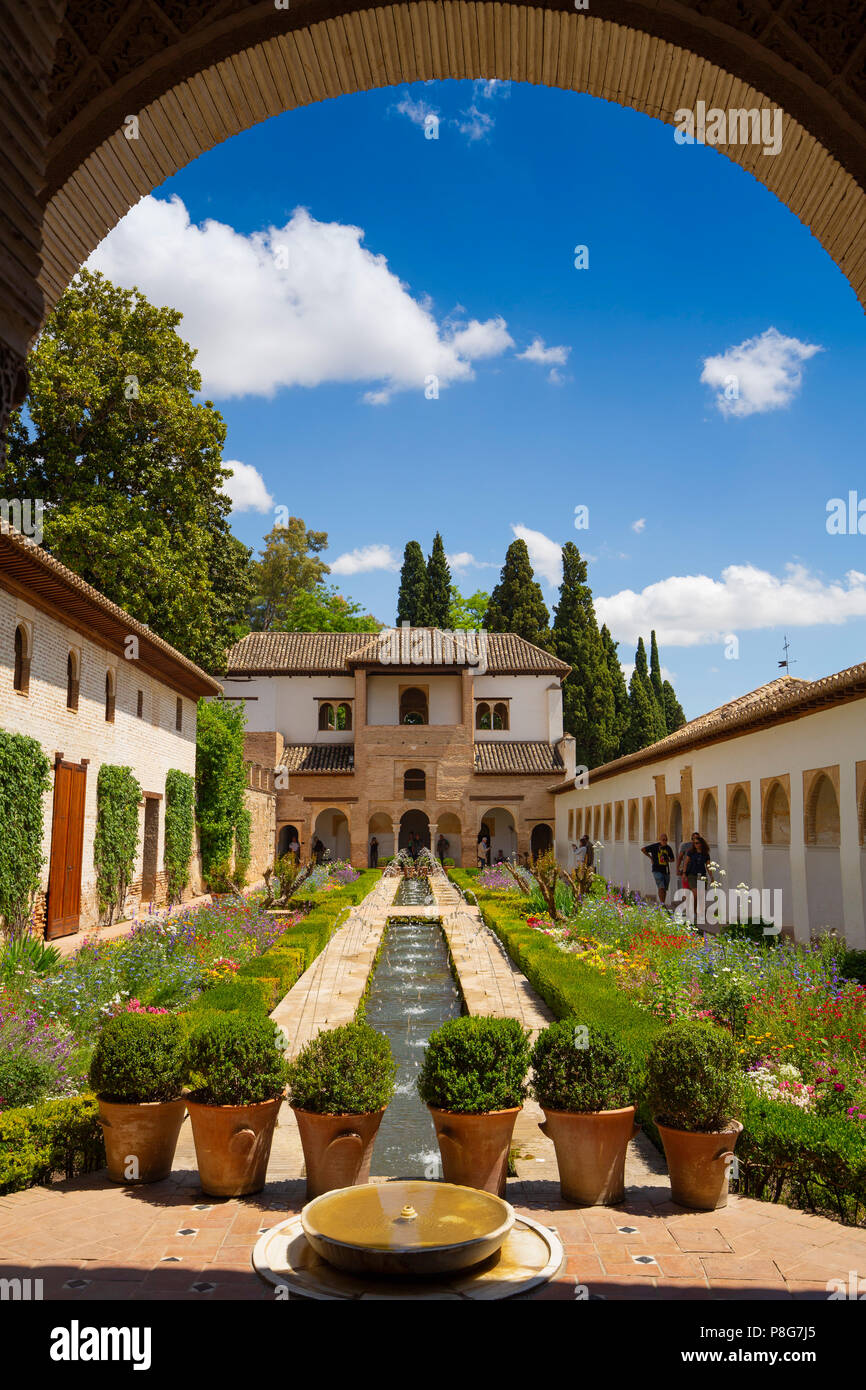 Patio de la Acequia, Generalife Palace gardens. Alhambra, UNESCO World Heritage Site. Granada City. Andalusia, Southern Spain Europe Stock Photo