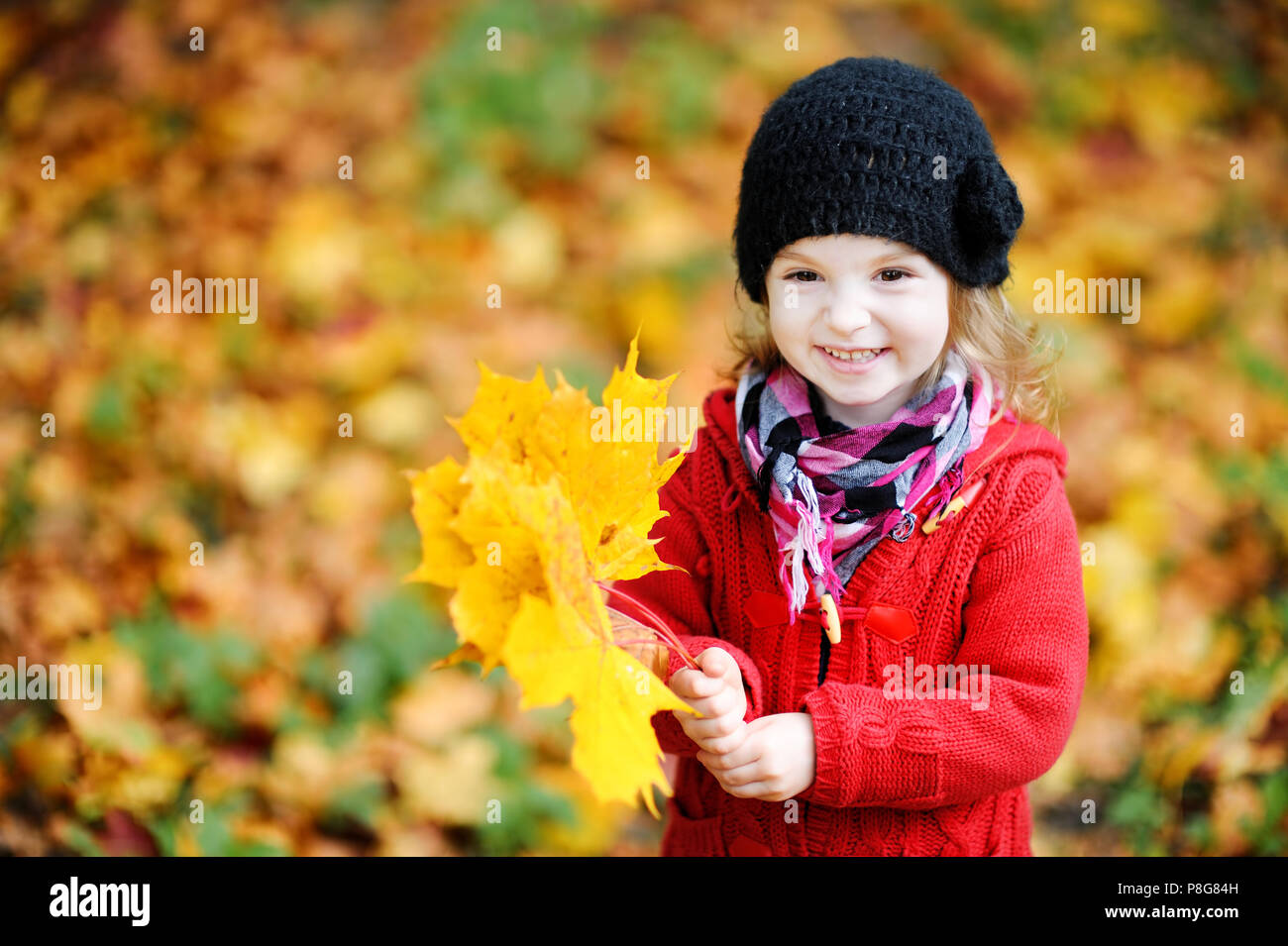 Little girl in a red coat at autumn holding leaves Stock Photo - Alamy