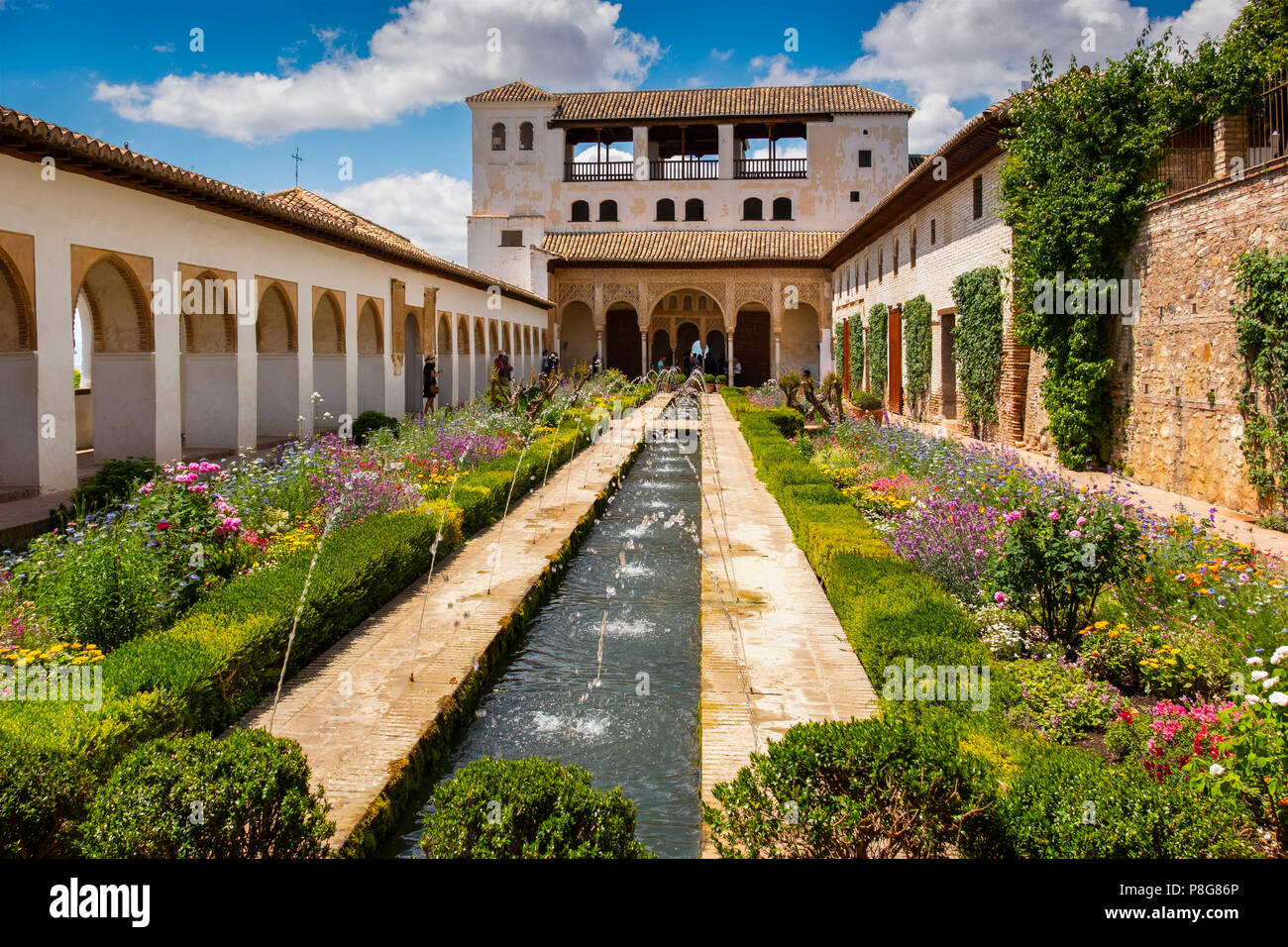 Patio de la Acequia, Generalife Palace gardens. Alhambra, UNESCO World Heritage Site. Granada City. Andalusia, Southern Spain Europe Stock Photo