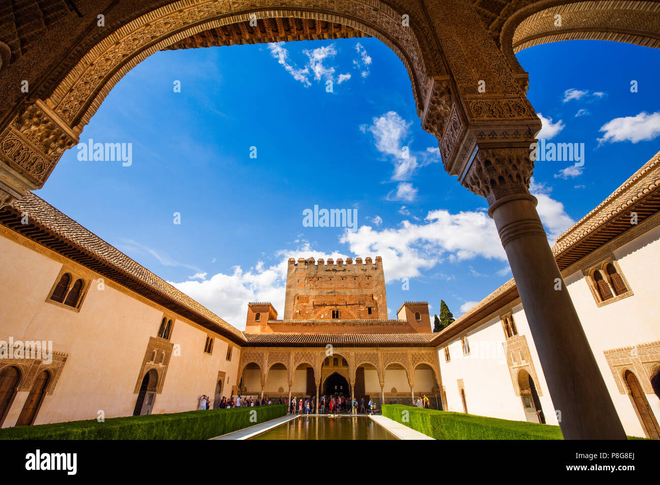 Patio de los Arrayanes. Courtyard of the Myrtles, Comares Palace, Nazaries palaces. Alhambra, UNESCO World Heritage Site. Granada City. Andalusia, Sou Stock Photo