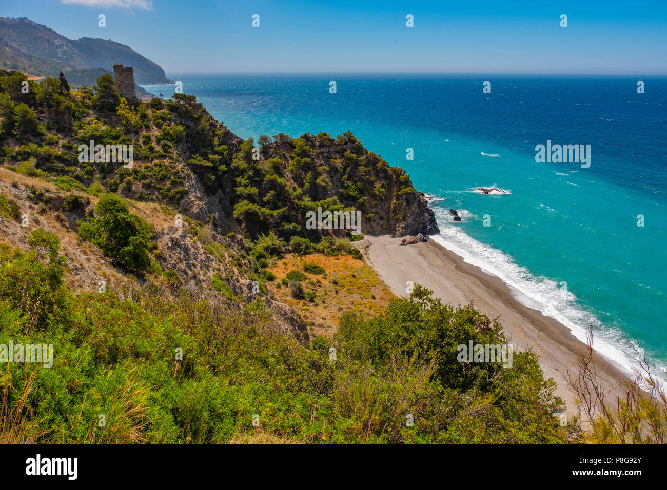 Beach. Maro cliffs, Cerro Gordo. Mediterranean Sea. Malaga Province