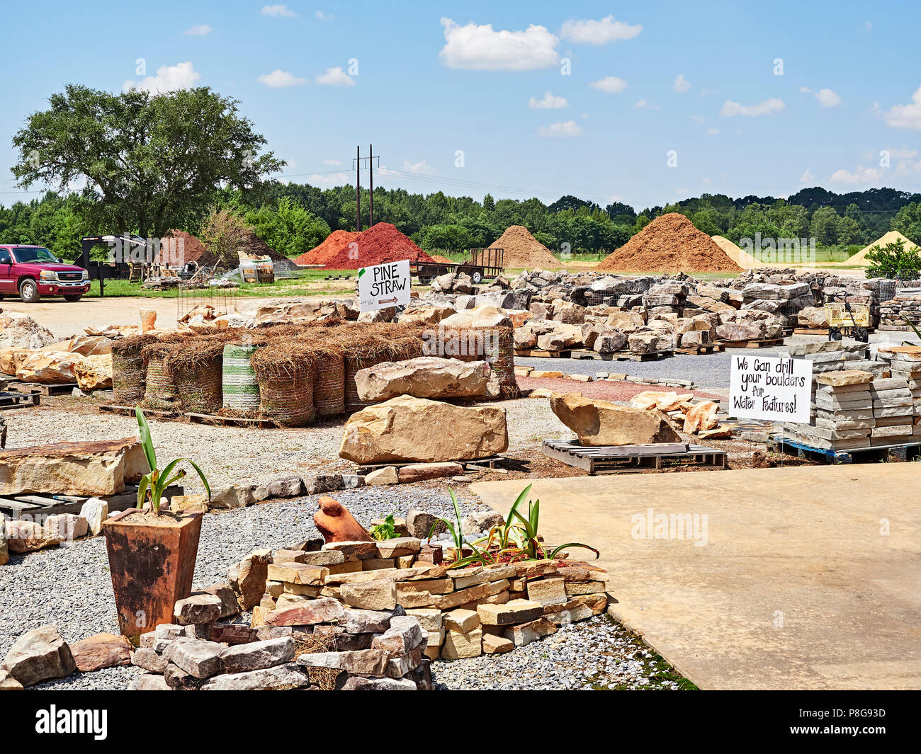 Landscaping materials yard with large rocks and stones used in landscaping construction work in Montgomery Alabama, USA. Stock Photo